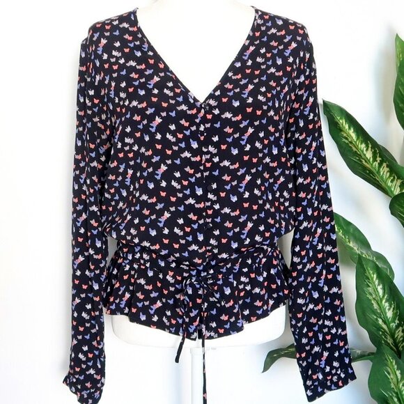 Rails Black Butterfly Print V-neck Button Front Waist Tie Peplum Blouse Top M - Picture 6 of 14